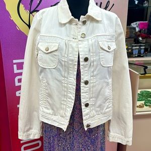 J Crew destructed white denim jacket